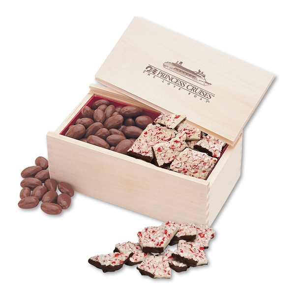 Peppermint Bark & Chocolate Almonds in Wooden Box